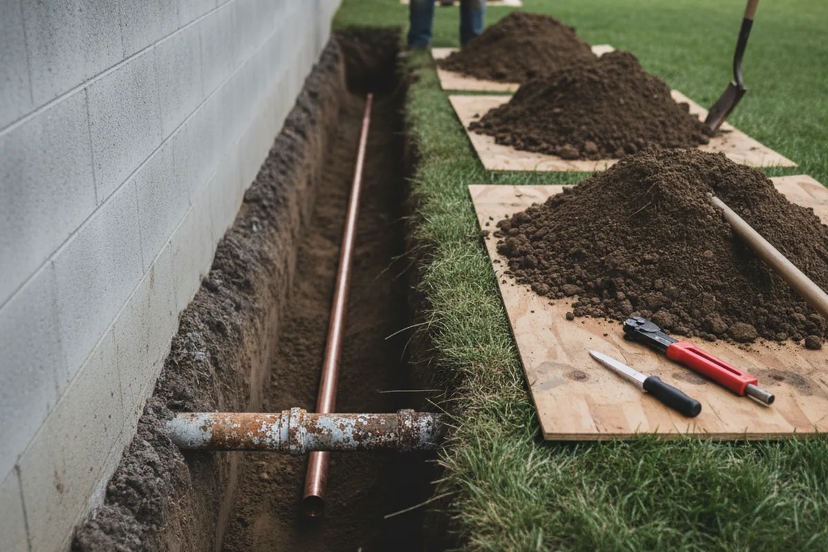 Excavated water line trench during Water Heater Repair in Phoenixville